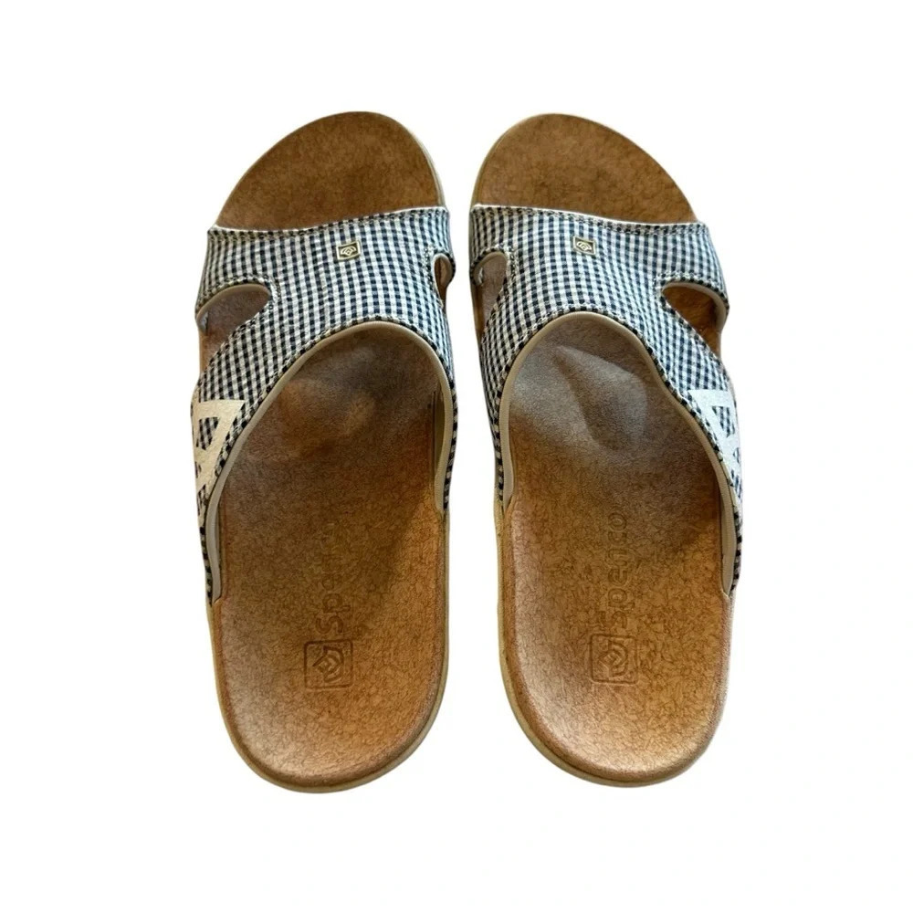 Spenco Kholo Blue Gingham Print Cork Orthotic Slide Sandals Women's 10W